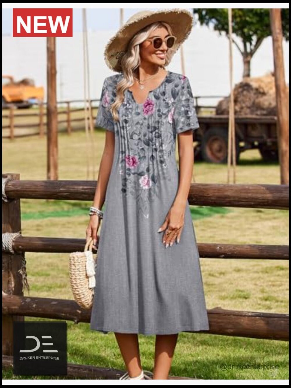 Casual Short Sleeve A-Line Midi Dress with Pockets Flowy Pleated T-Shirt - Picture 4 of 7